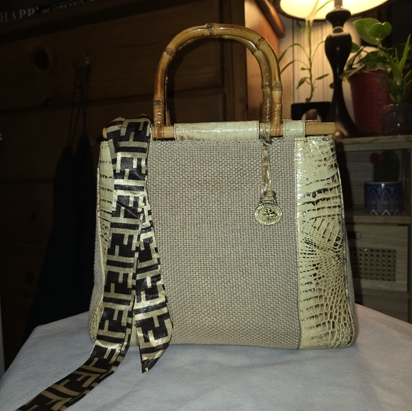 Brahmin Handbags - Brahmin Harbor Collection Tan Croc Embossed Medium Tote With Bamboo Handles